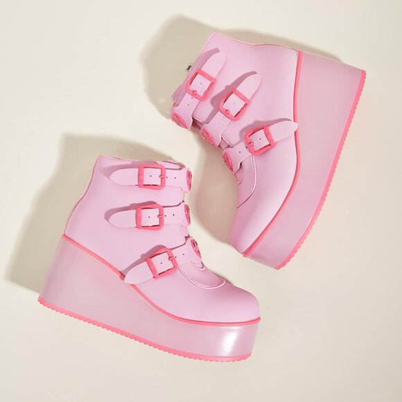 🆕 Fuchsia Chunky Platform Ankle Boots Women PU Goth Wedge Heel Rave Booties Zip - Picture 5 of 8